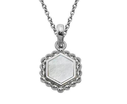 Silver and Mother of Pearl hexagon shaped pendant with beaded edge