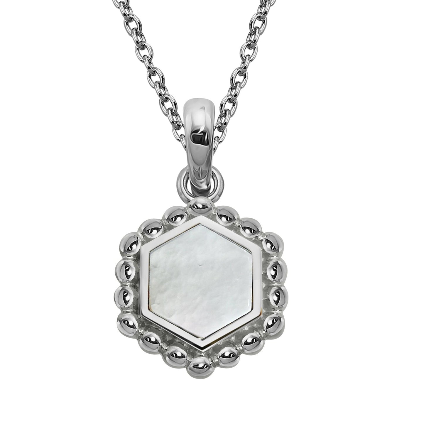 Silver and Mother of Pearl hexagon shaped pendant with beaded edge