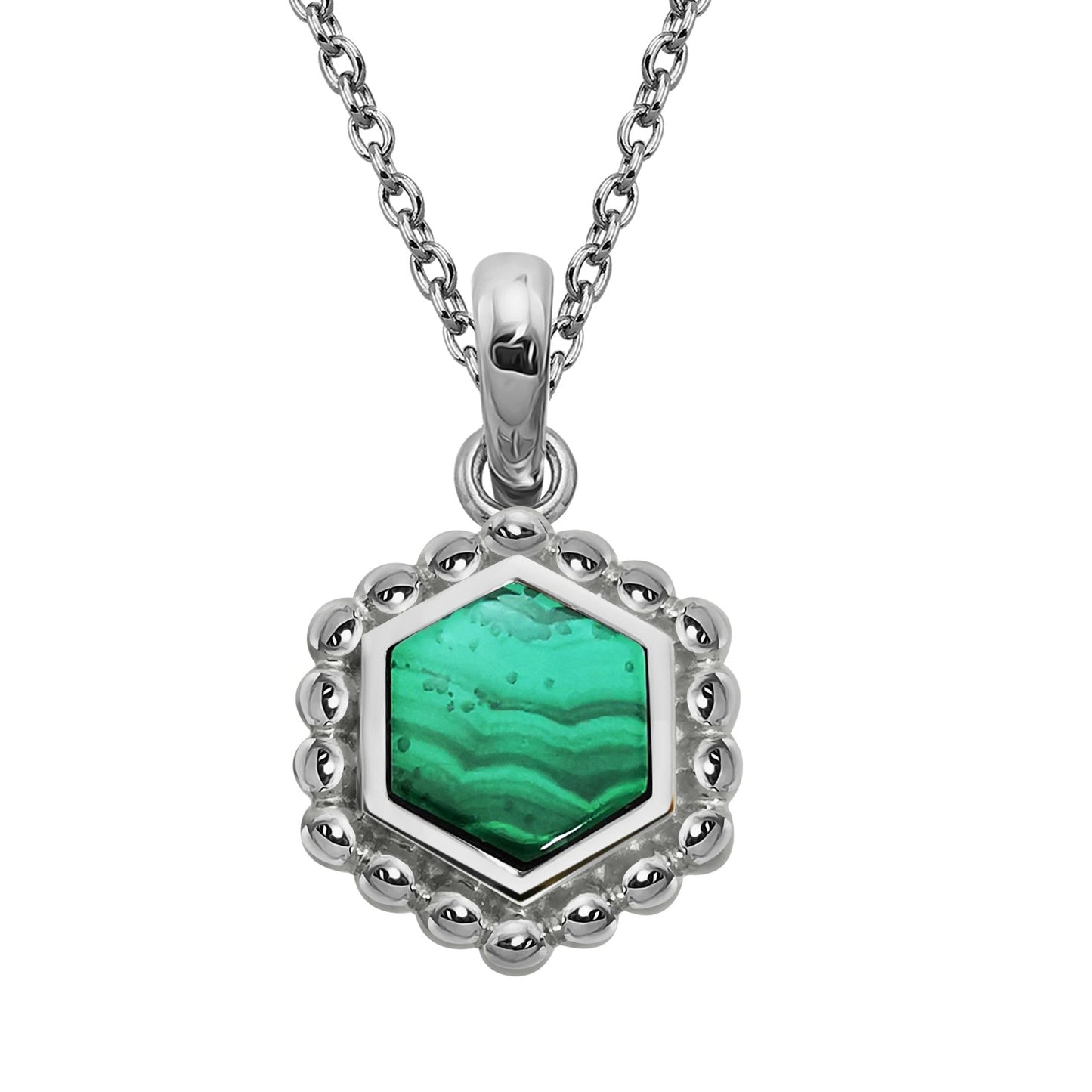 Silver and Malachite hexagon shaped stud earrings with beaded edge