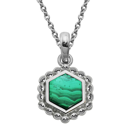 Silver and Malachite hexagon shaped stud earrings with beaded edge