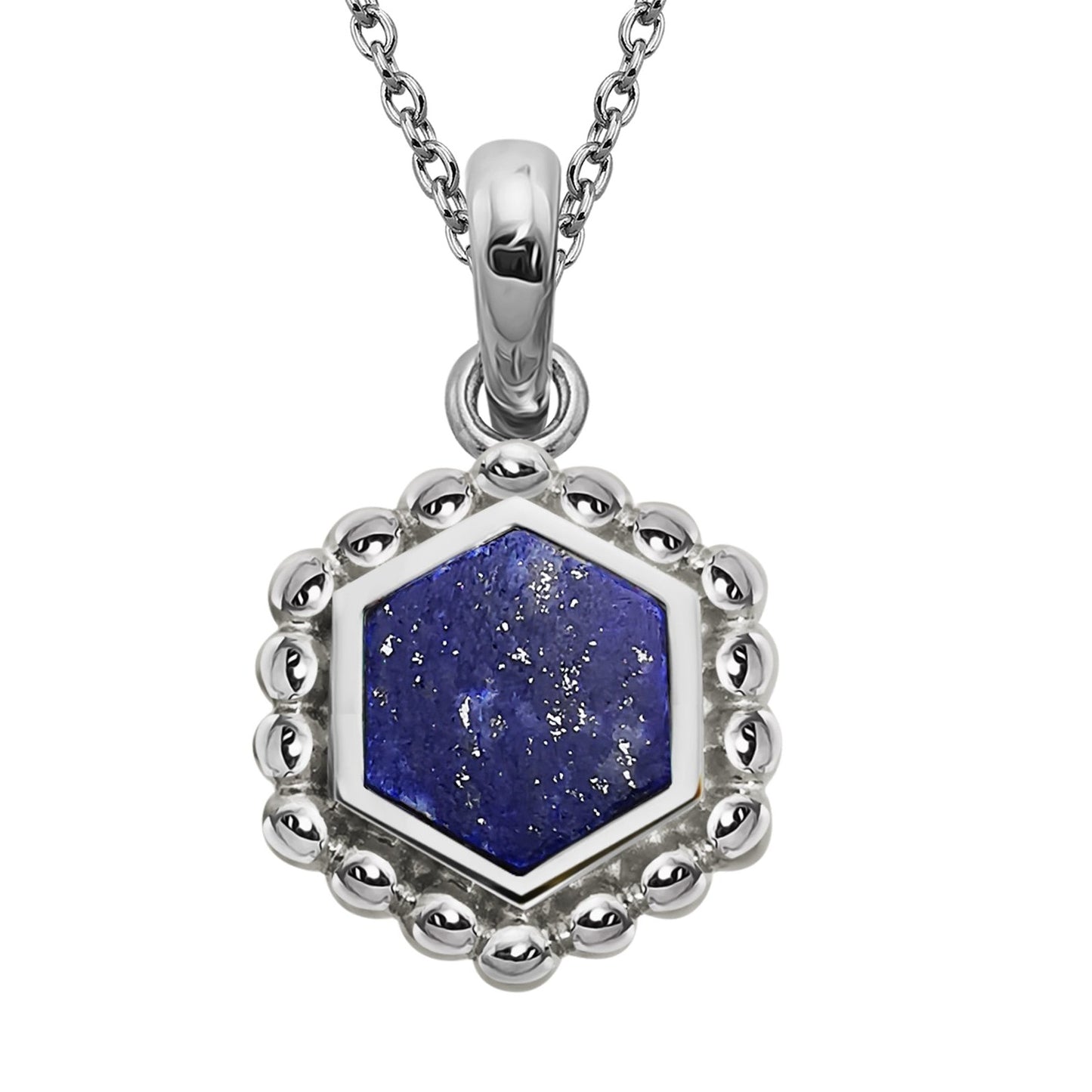Silver and lapis Lazuli hexagon pendant with beaded edge