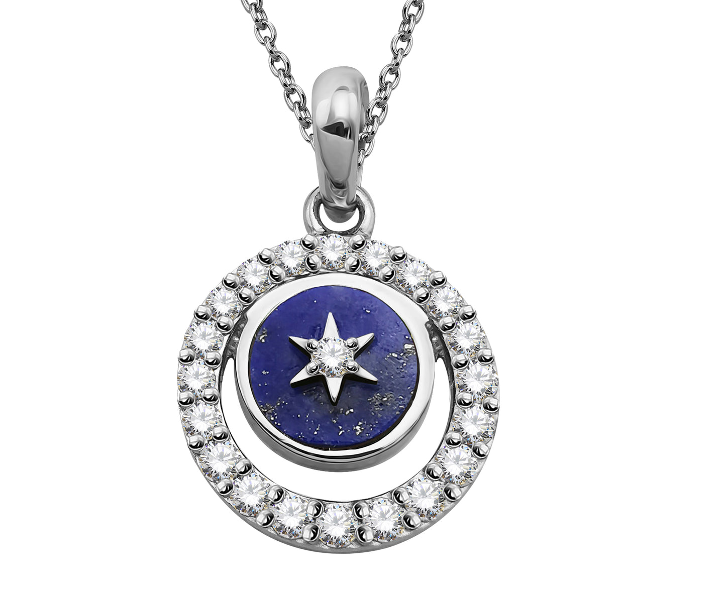 Silver, Lapis Lazuli and Cubic Zirconia round pendant with Mother of Pearl back