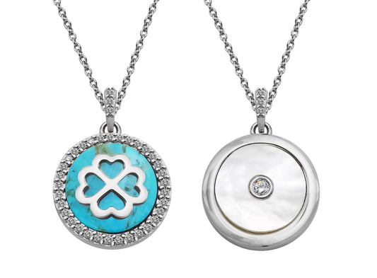 Silver, Mother of Pearl and Cubic Zirconia round pendant with Turquoise back