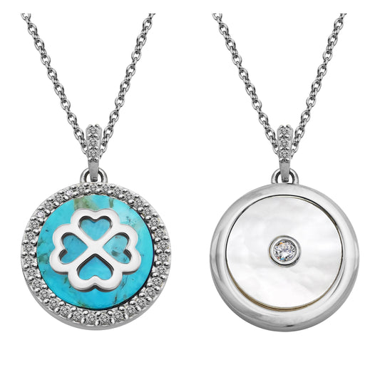 Silver, Mother of Pearl and Cubic Zirconia round pendant with Turquoise back