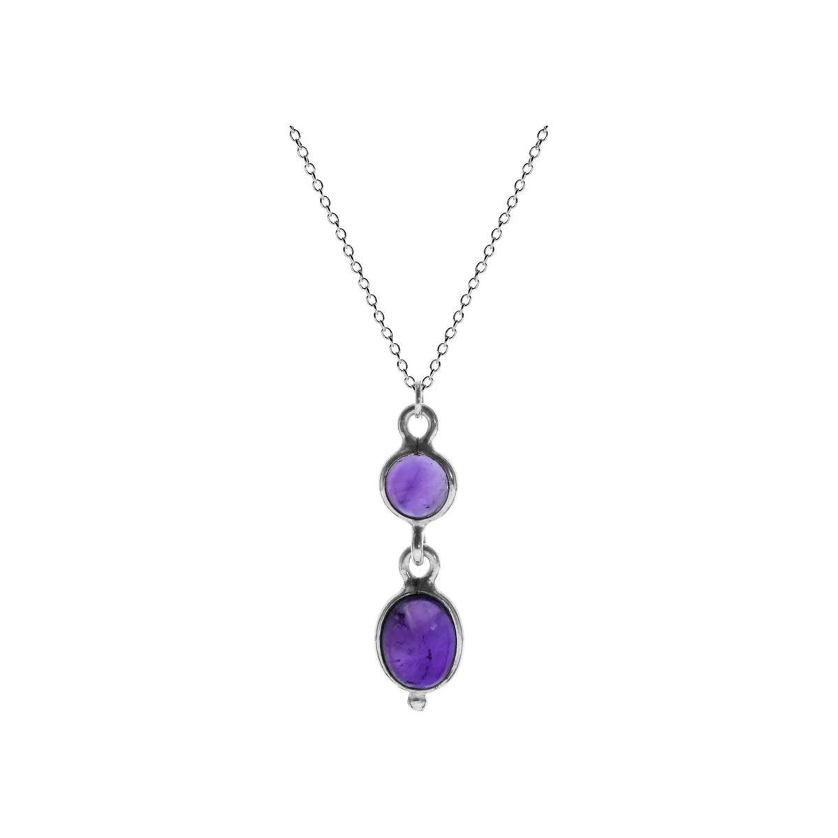 Silver and amethyst rub set double drop pendant