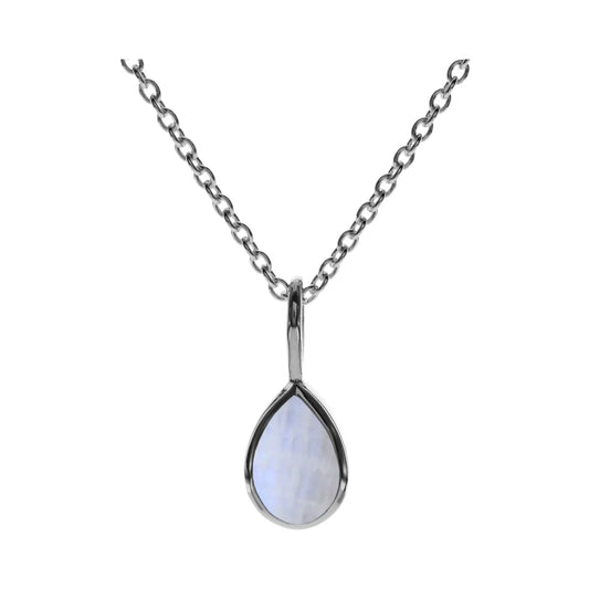 Silver teardrop rainbow moonstone pendant on a silver chain.
