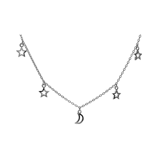 Silver moon and star necklace.