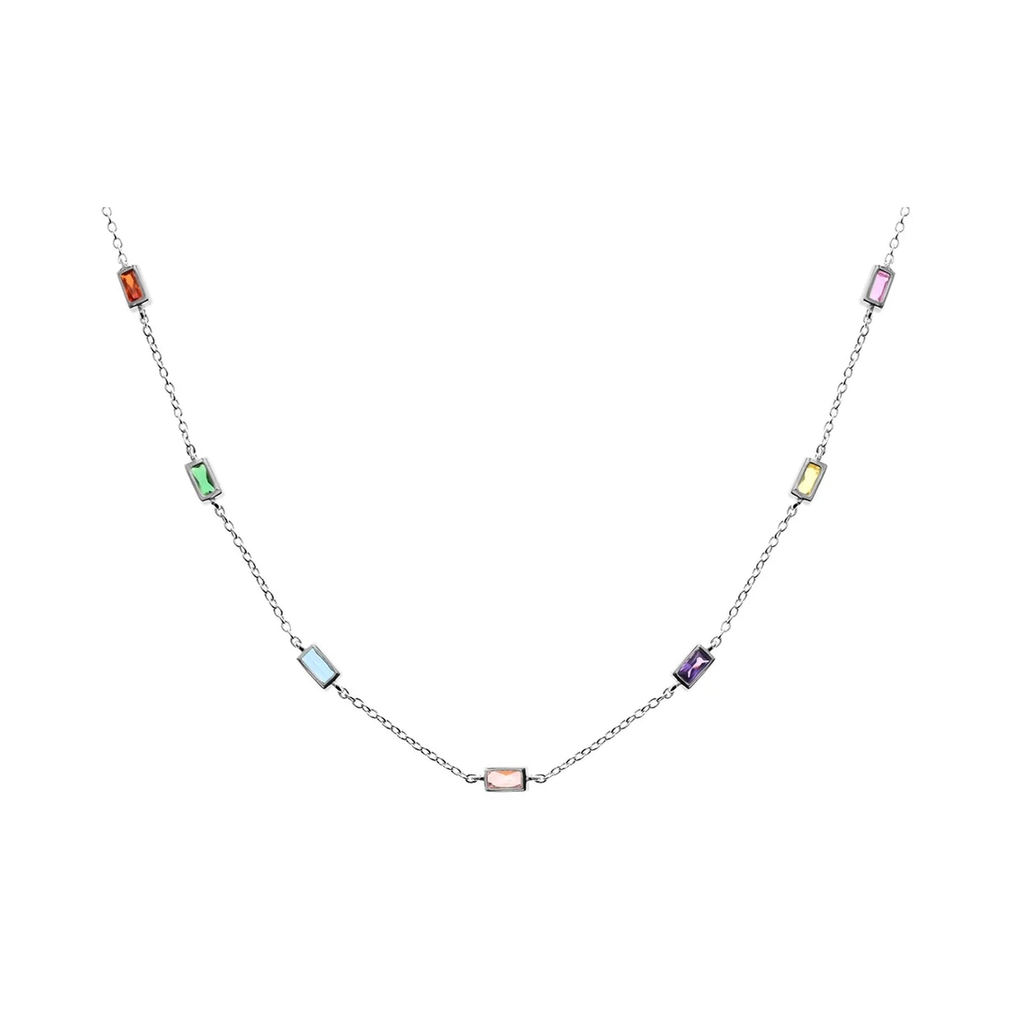 Silver chain necklace with baguette cut cubic zirconia.