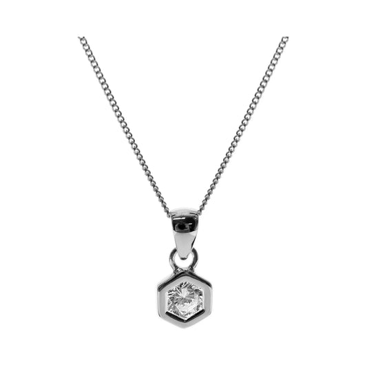 Silver and cubic zirconia hexagonal pendant.
