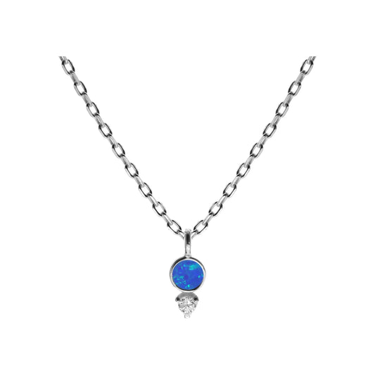 Silver, Blue Opalique and Cubic Zirconia round pendant and chain