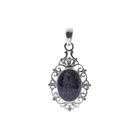 Silver and Blue Goldstone oval pendant with filigree detail.