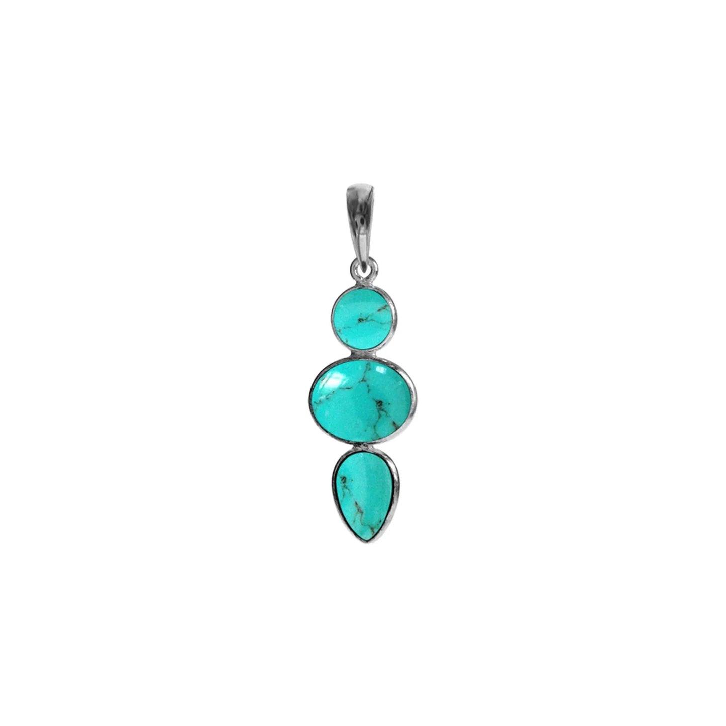 Silver and Turquoise 3 shape drop pendant with a silver chain.
