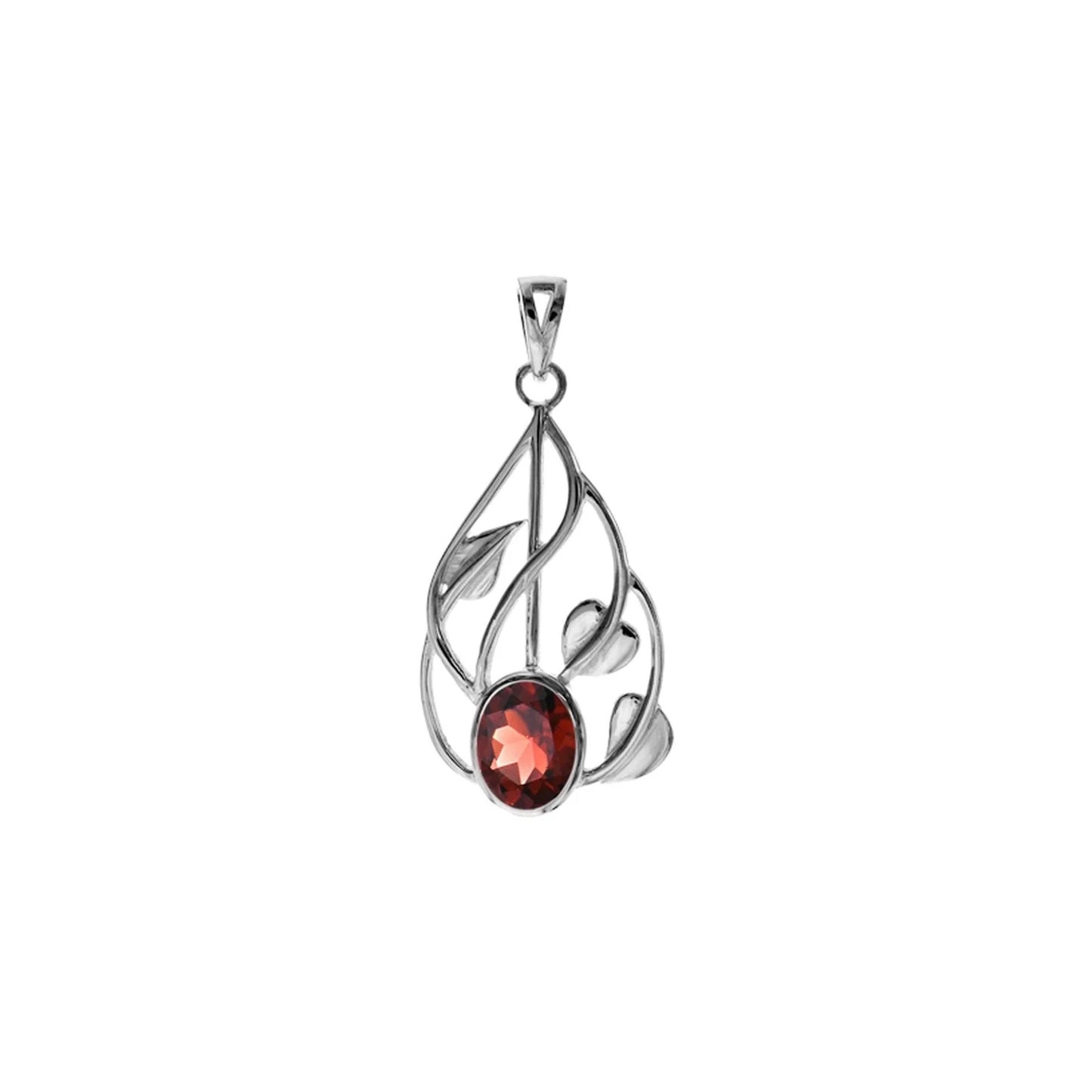 Silver and Garnet oval pendant with Vine surround detail.