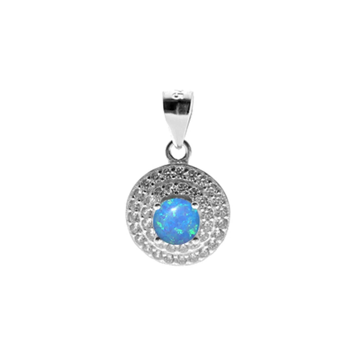 Silver, Blue Opalique and double row Zirconia round cluster pendant
