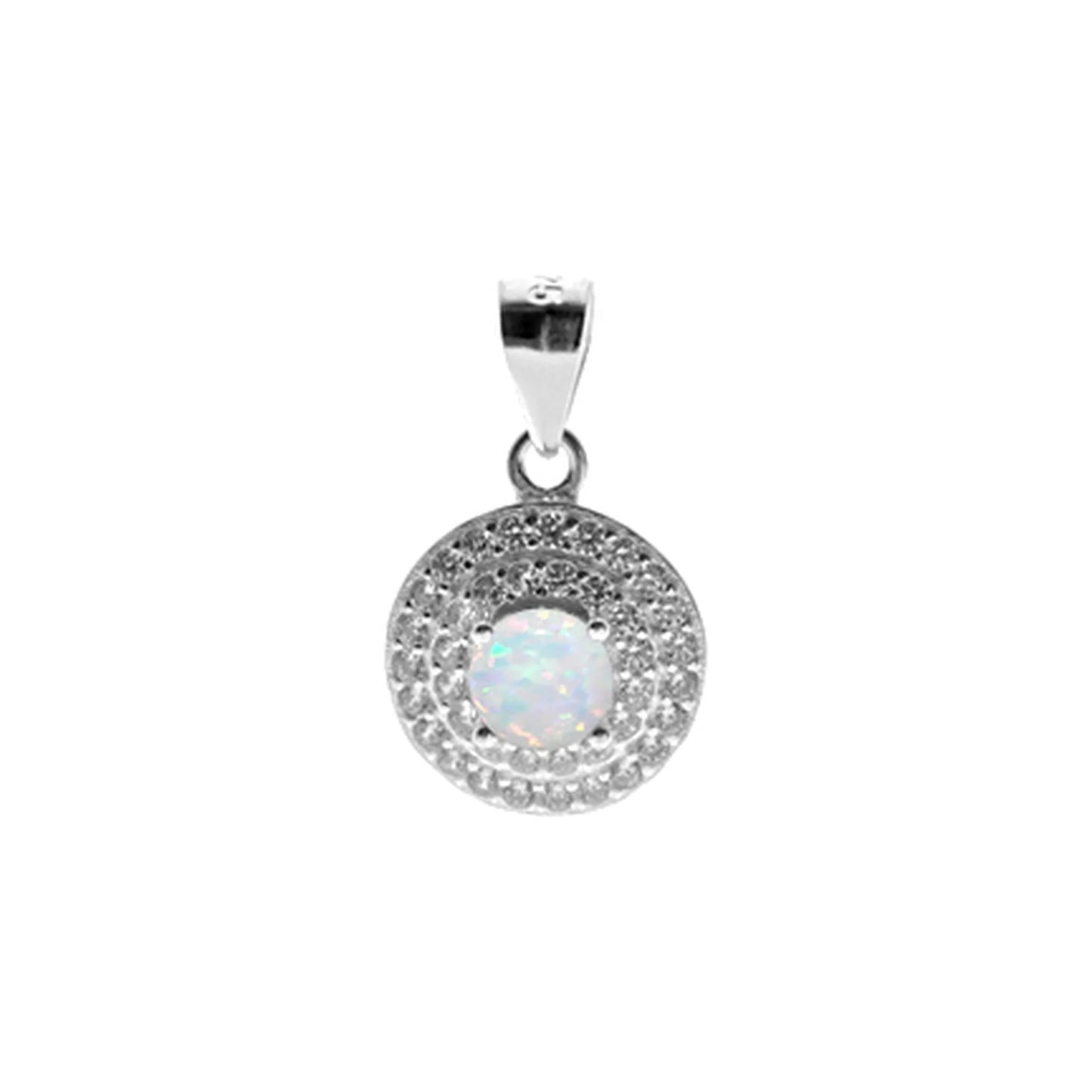 Silver, White Opalique and double row Cubic Zirconia round cluster pendant