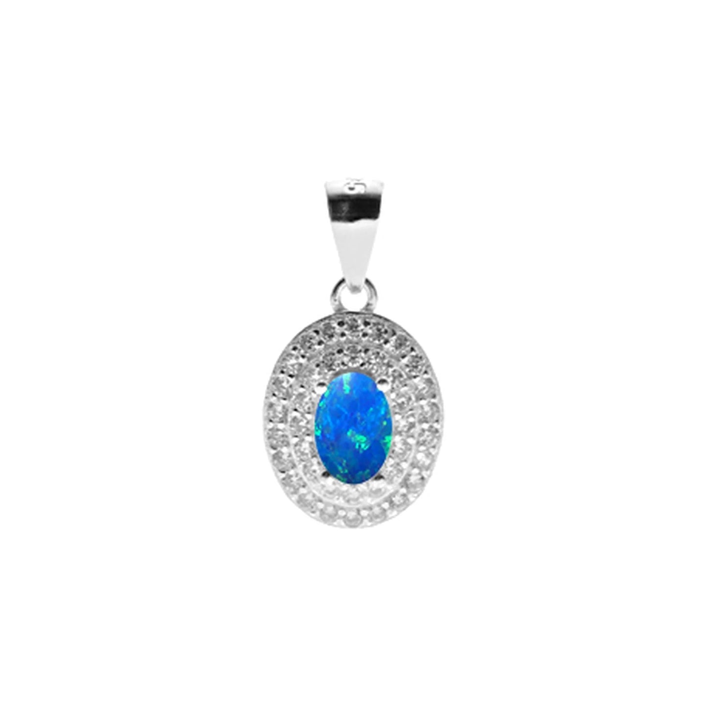 Silver, Blue Opalique and double row Cubic Zirconia oval cluster pendant