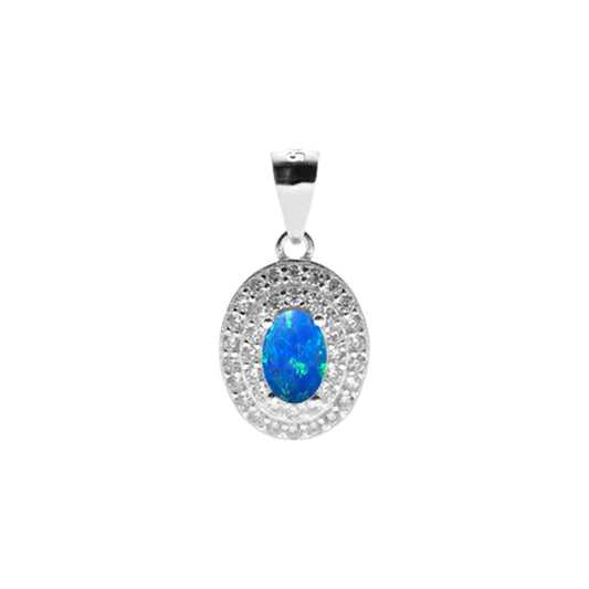 Silver, Blue Opalique and double row Cubic Zirconia oval cluster pendant