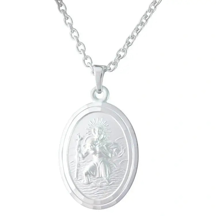 Silver oval St christopher pendant.