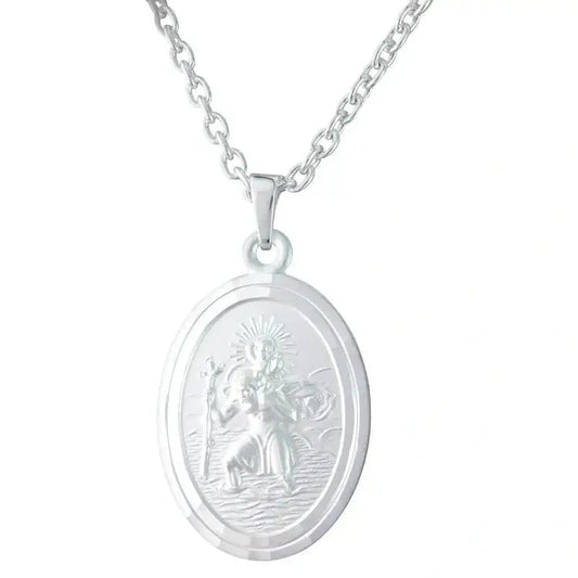 Silver oval St christopher pendant.
