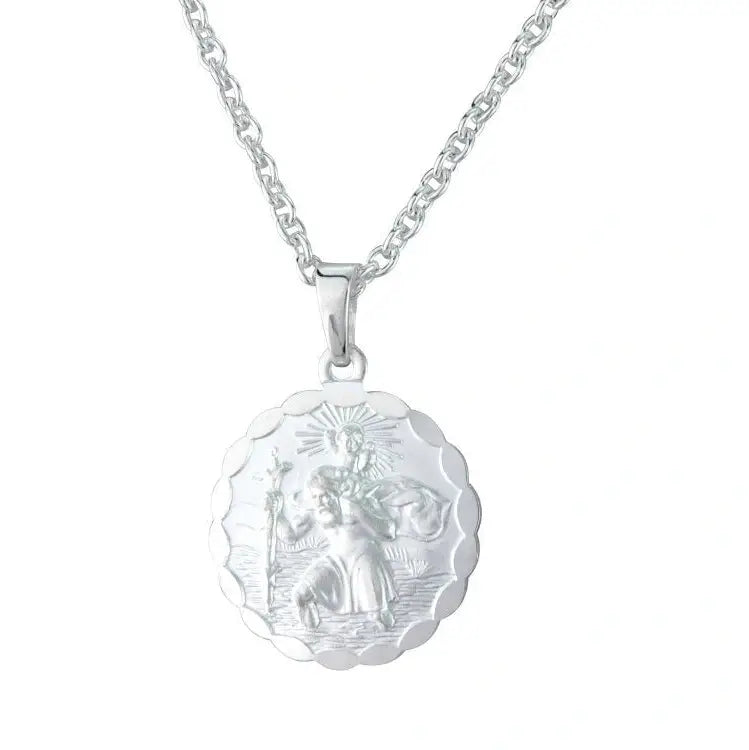 Silver round St Christopher with scalloped edge.