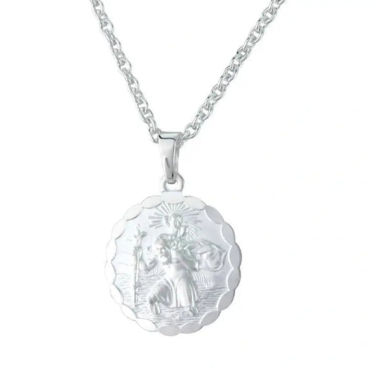 Silver round St Christopher with scalloped edge.
