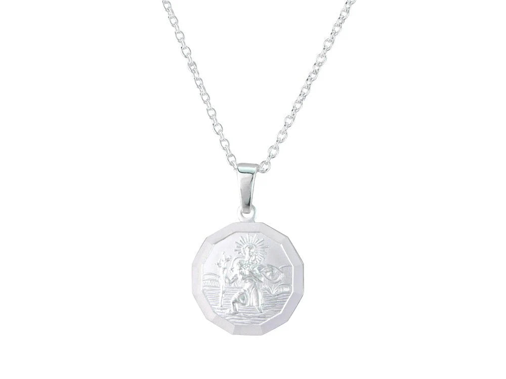 Silver round faceted St Christopher pendant.