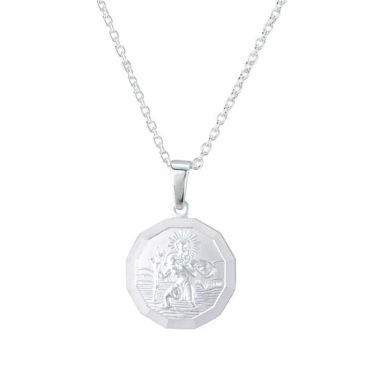 Silver round faceted St Christopher pendant.
