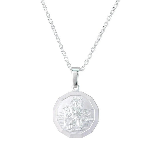 Silver round faceted St Christopher pendant.