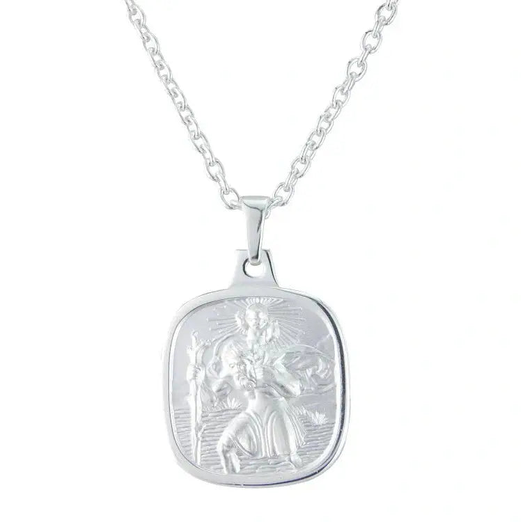 Silver cushion shaped double sided St Christopher pendant.