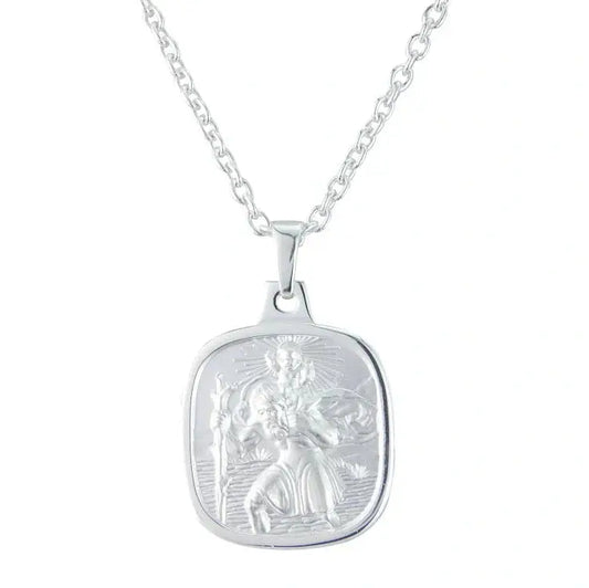 Silver cushion shaped double sided St Christopher pendant.