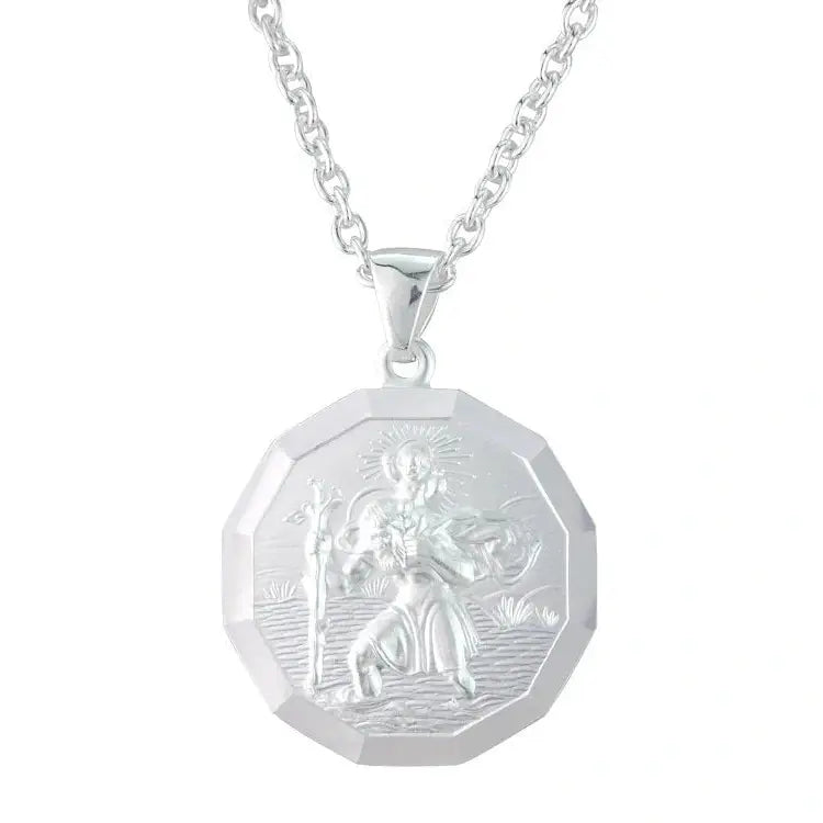 Silver round faceted St Christopher pendant.