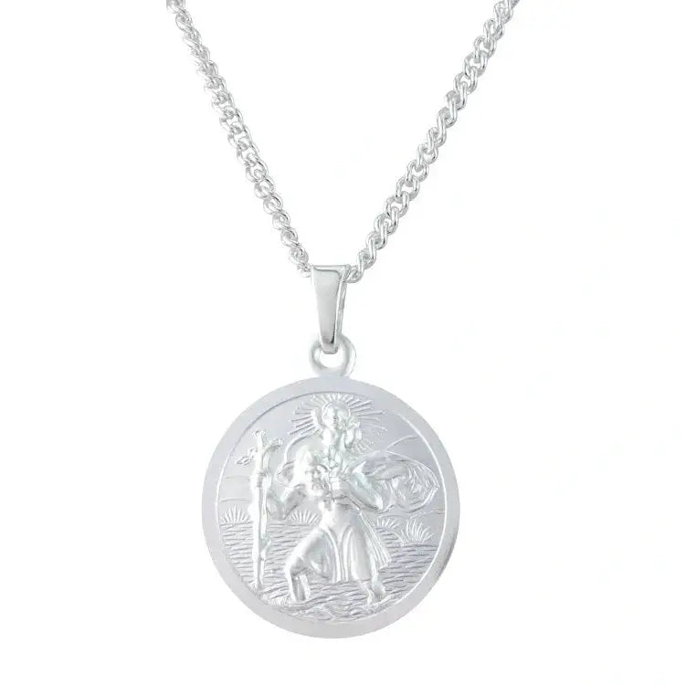 Silver round double sided St Christopher pendant.