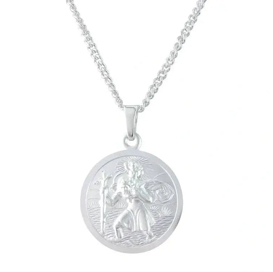 Silver round double sided St Christopher pendant.