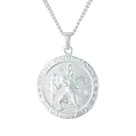 Silver large round St Christopher pendant.