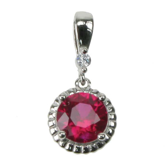 Silver and round Synthetic Ruby 4 claw pendant with Cubic Zirconia