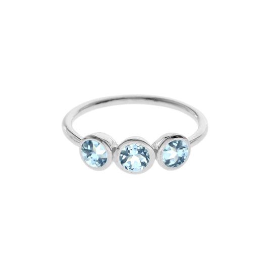 Silver and round Blue Topaz triple stone bezel set ring.