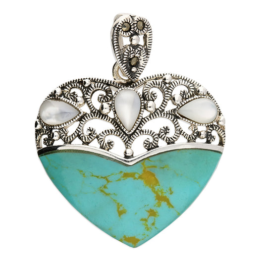 Silver, Marcasite, Mother-of-Pearl and synthetic turquoise heart pendant