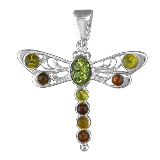 Silver and mixed Amber dragonfly pendant on a silver chain