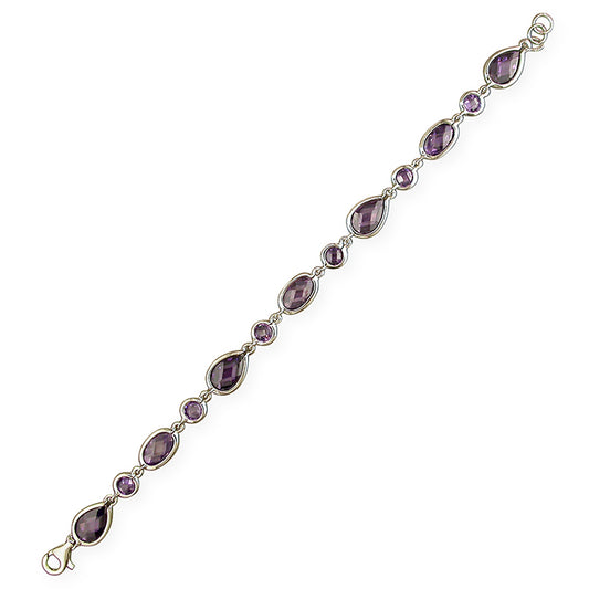 Silver round, oval and pear-shaped amethyst-coloured cubic zirconia bracelet