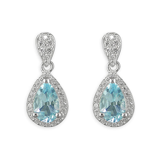 Silver Teardrop blue topaz with cubic zirconia halo drop earrings