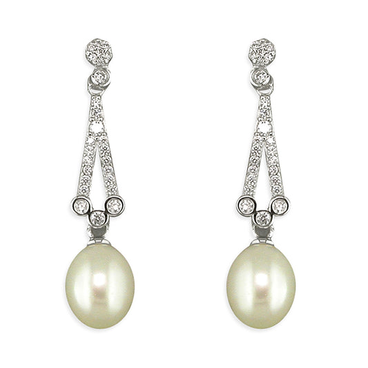 Silver, freshwater pearl and cubic zirconia drop earrings