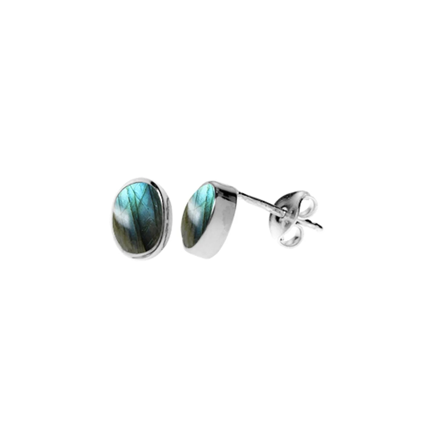 Silver and labradorite oval stud earrings.