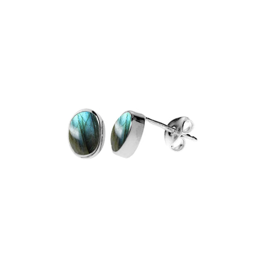 Silver and labradorite oval stud earrings.