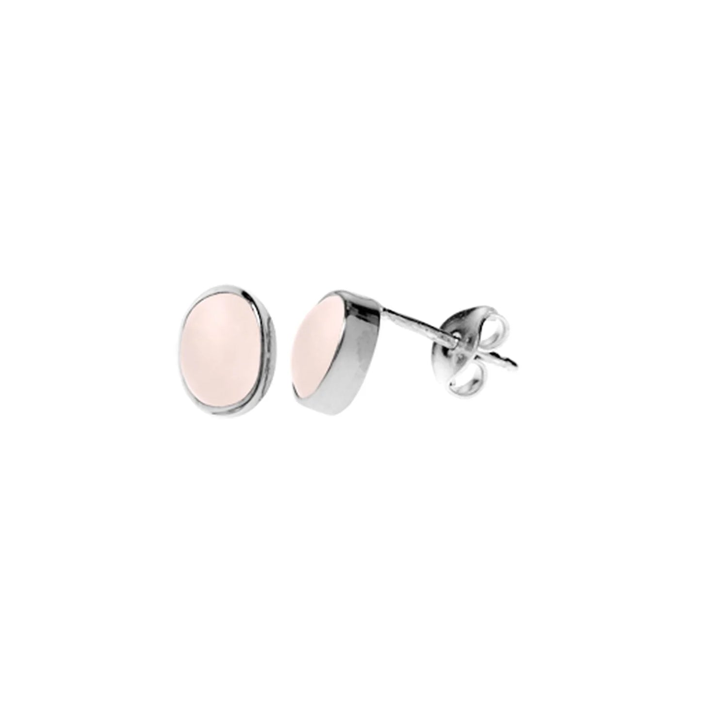Silver and Rose Quartz oval stud earrings.