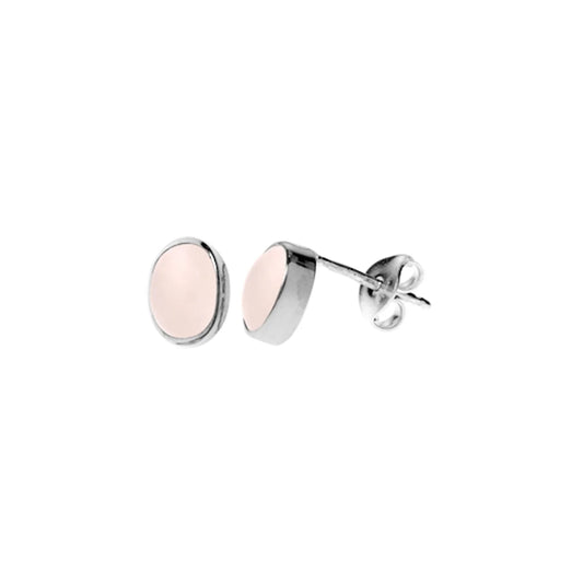 Silver and Rose Quartz oval stud earrings.