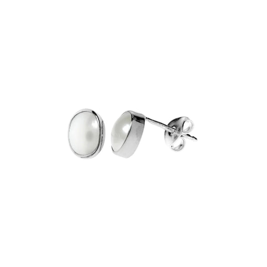 Silver and freshwater Pearl oval stud earrings.