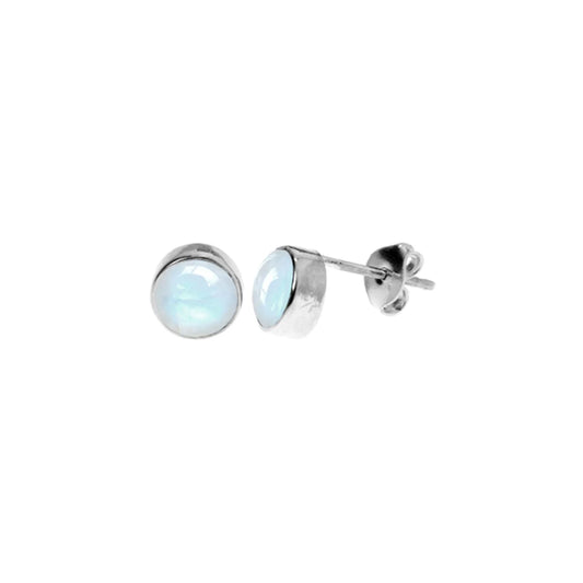 Silver and Rainbow Moonstone round stud earrings.