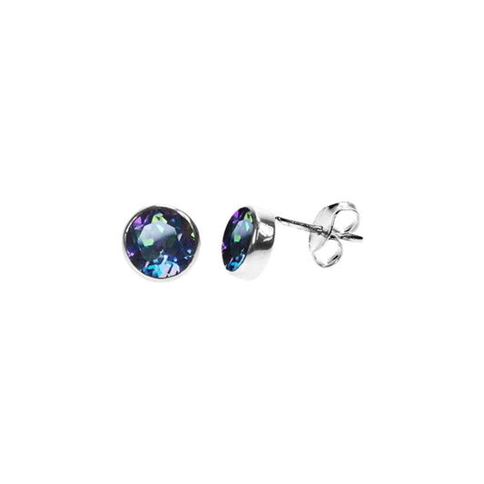 Silver & mystic topaz facet 7mm round stud earrings.