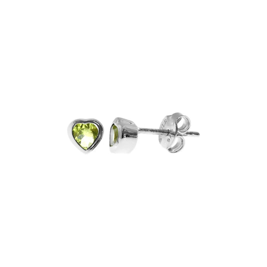 Silver and Peridot bezel set heart stud earrings