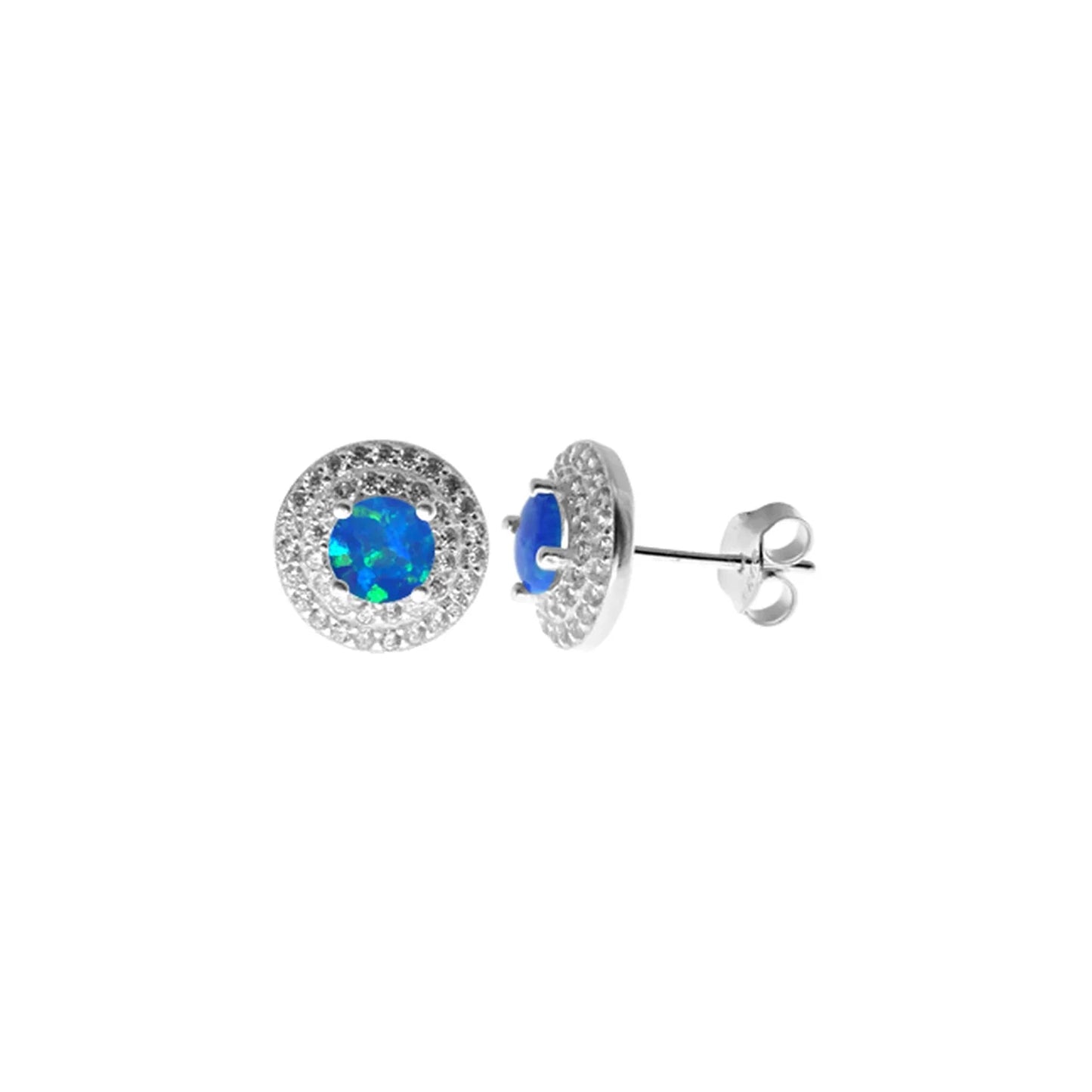 Silver, Blue Opalique and Cubic Zirconia round cluster stud earrings